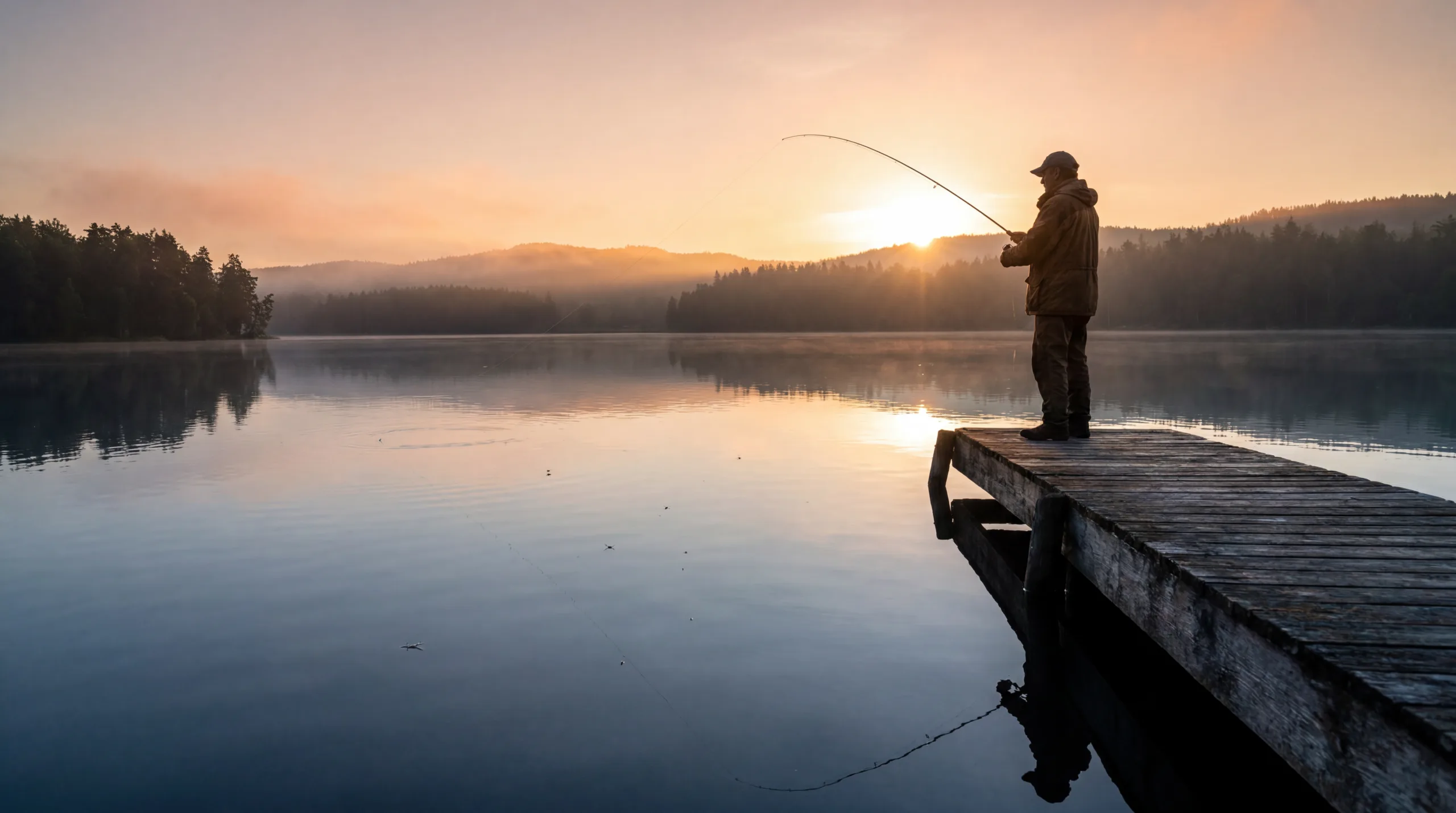 Angler casting from a dock on a calm lake at sunrise
