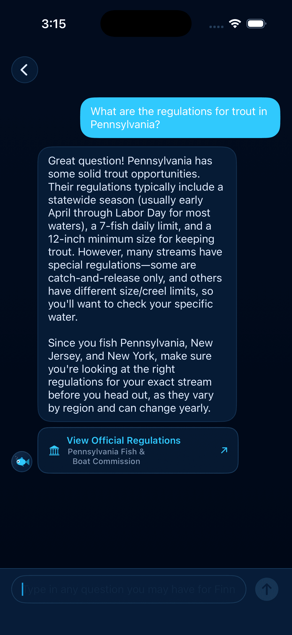 Finn answering about Pennsylvania trout regulations