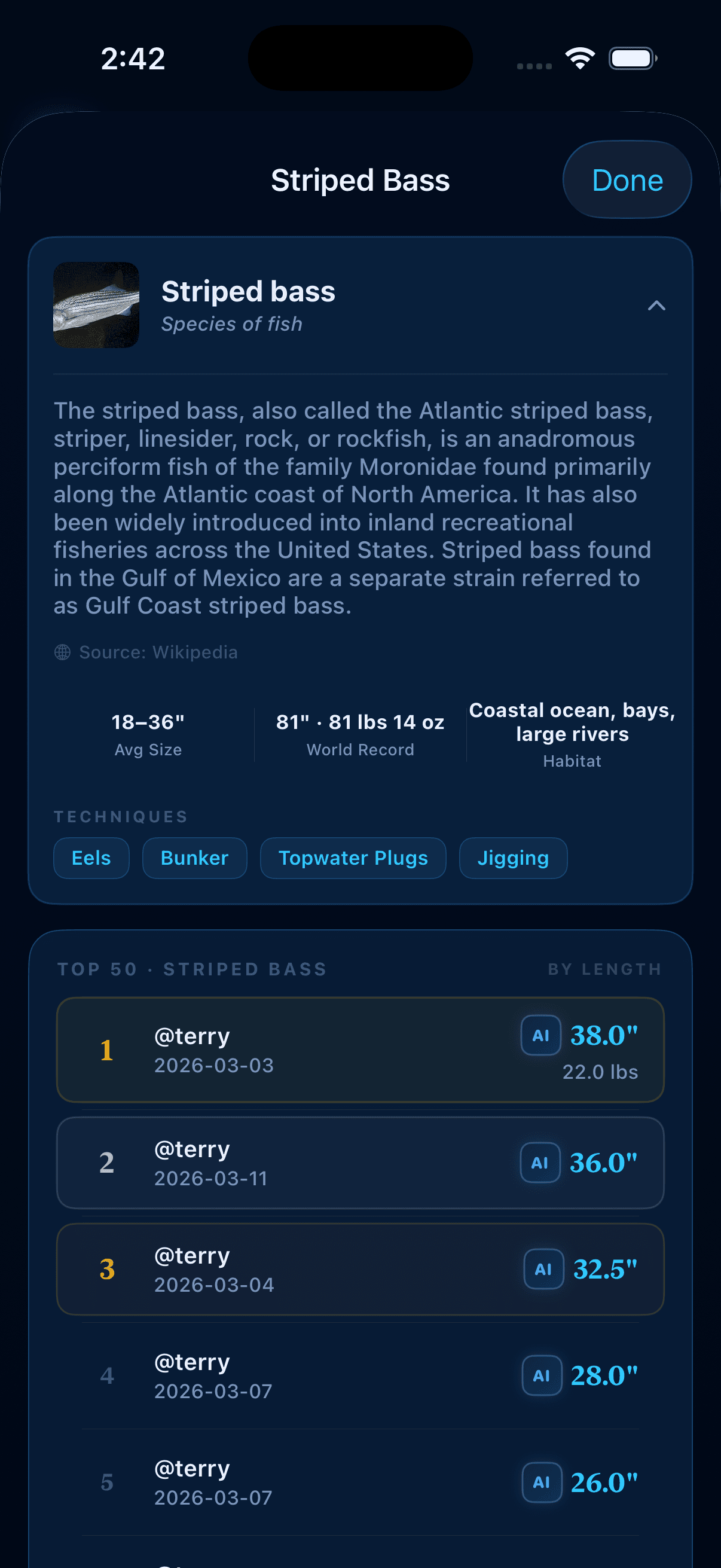 Striped Bass species leaderboard