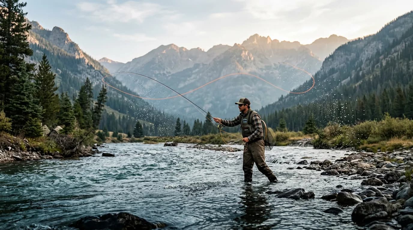 Fly fisherman casting in a mountain stream