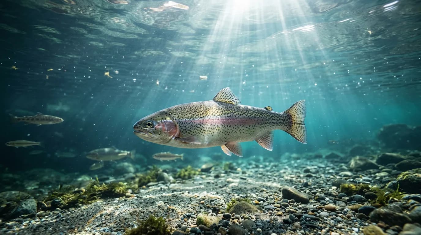 Rainbow trout suspended in a clear mountain river