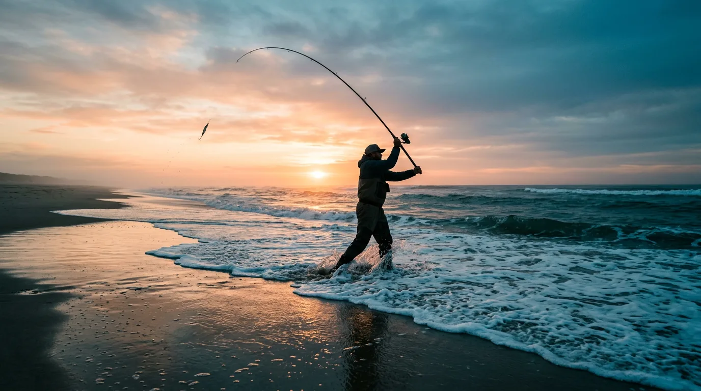 Surf angler casting into the waves at sunrise